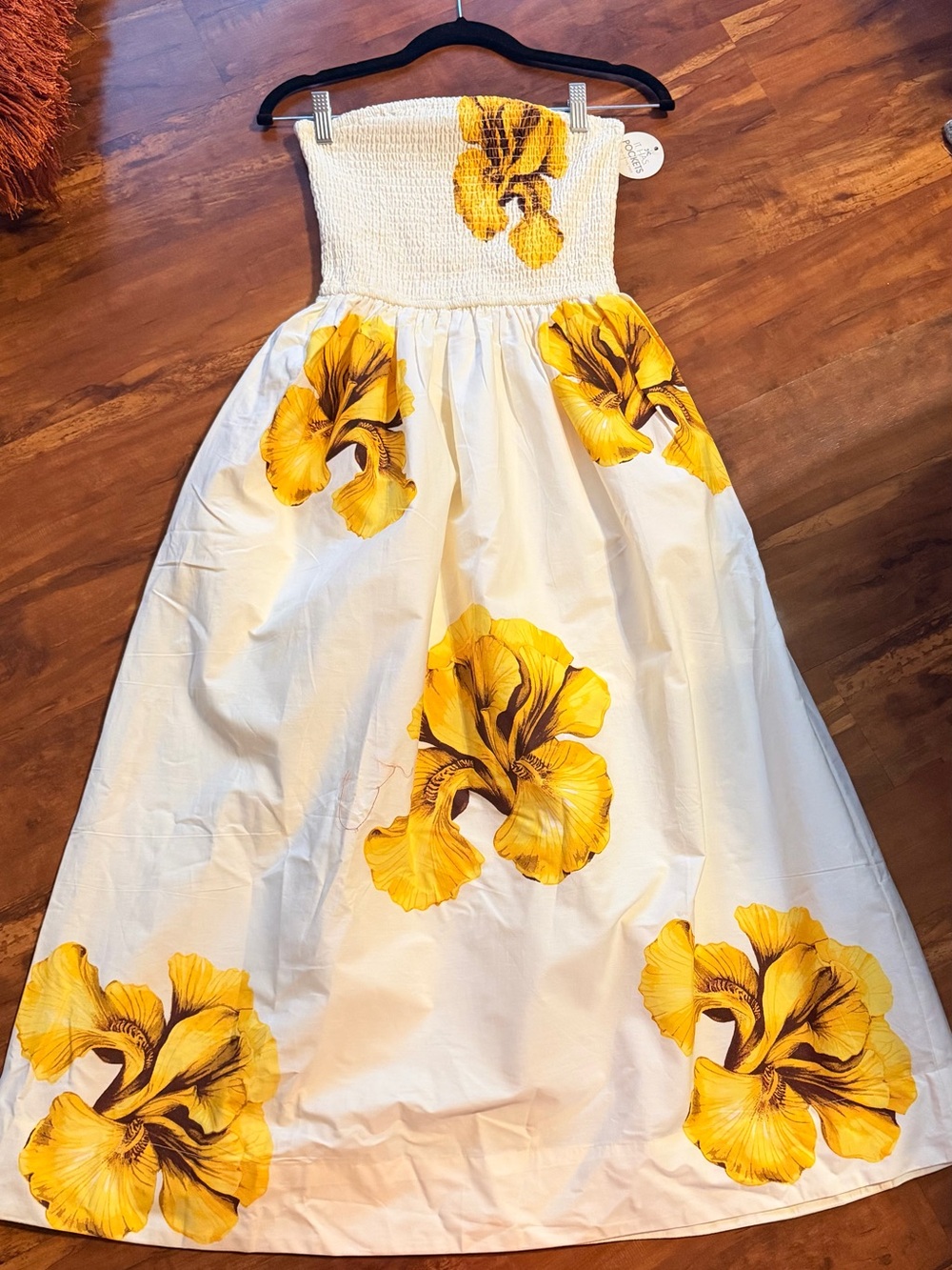 White Strapless Smocked Maxi Dress with Yellow Floral Print
